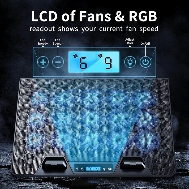 KeiBn وسادة تبريد لابتوب، مروحة تبريد لابتوب للألعاب مع 15 مروحة هادئة، مبرد لابتوب RGB بحجم 10-17.3 بوصة، 4 ارتفاعات، 2 منفذ USB - أزرق - Image 3